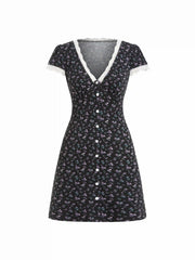 Ditsy Floral V-neck Lace Trim High Rise A-line Mini Dress