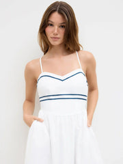 Cotton Contrasting Binding Stripe Knotted Shirred Midi Cami Dress