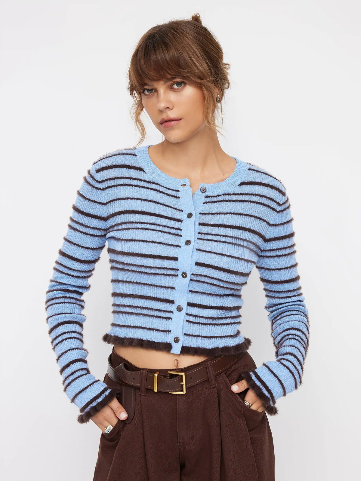Knit Wool-blend Striped Round Neckline Long Sleeve Lettuce Trim Cardigan