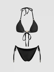 Texture Halter Neckline Tie Side Bikini Set