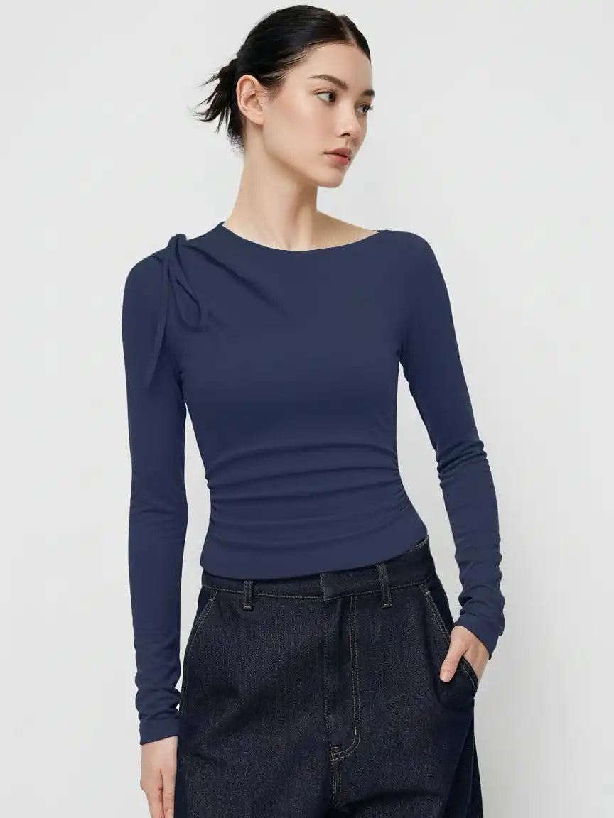 Asymmetrical Neck Long Sleeve Ruched Knotted Top