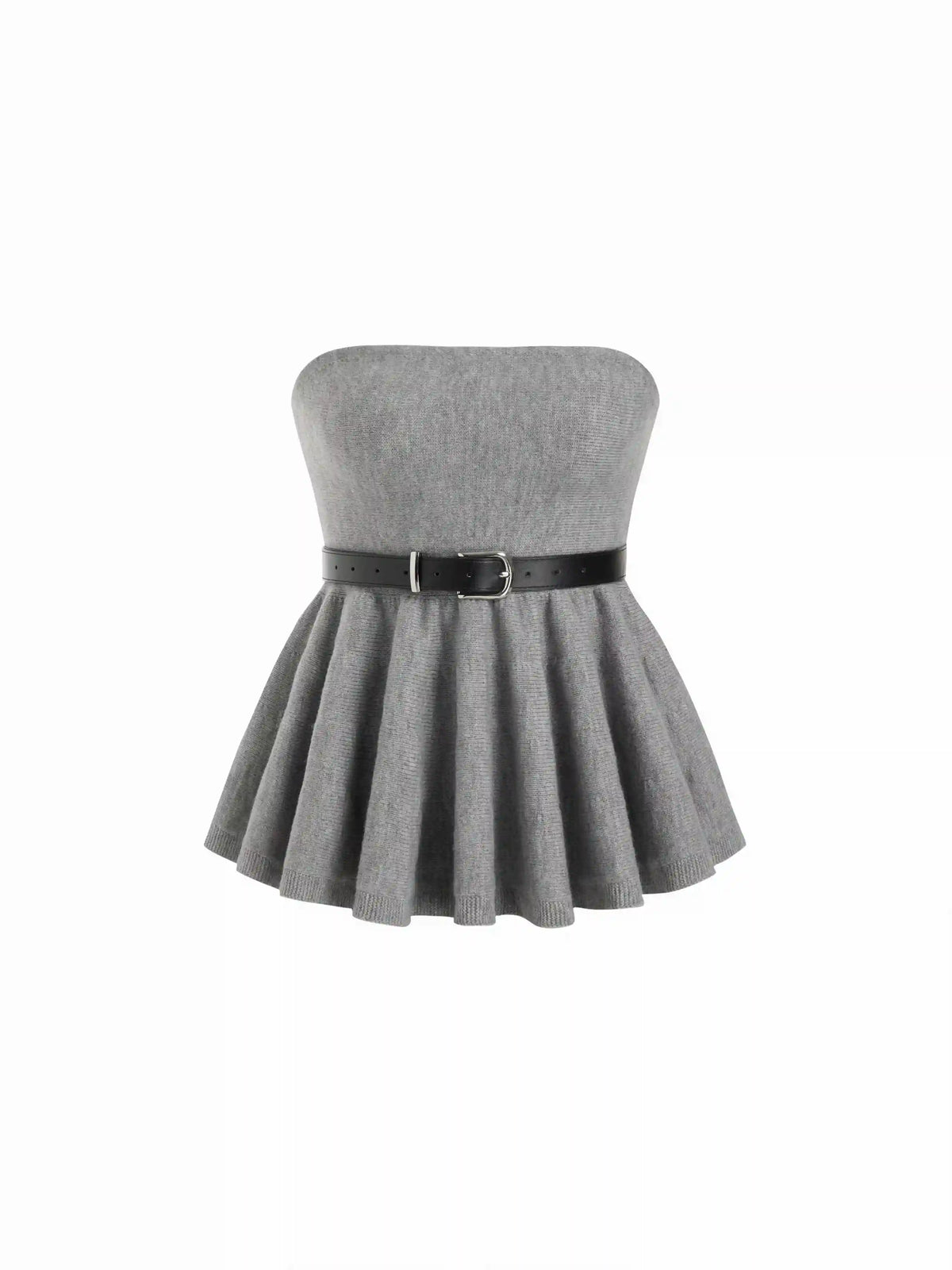 Knit Strapless Ruffled Peplum Crop Top With Belt