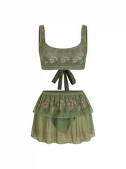 Scoop Neckline Floral Bracelet Cheeky Bikini Set With Ruffle Beach Skirt