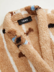 Fleece V-neck Dog Pattern Stripe Robe With Belt