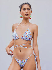 Halter Cherry Tie Side Bikini Swimsuit With Sarong