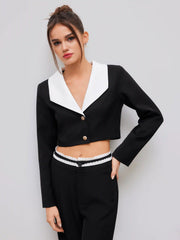 Collar Solid Button Crop Long Sleeve Blazer