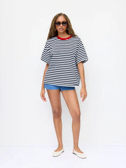 Cotton-blend Striped Contrasting Binding Fish Graphic Embroidery Oversized Tee