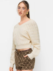 Knit V-neck Long Sleeve Hollow Out Cinched Waist Top