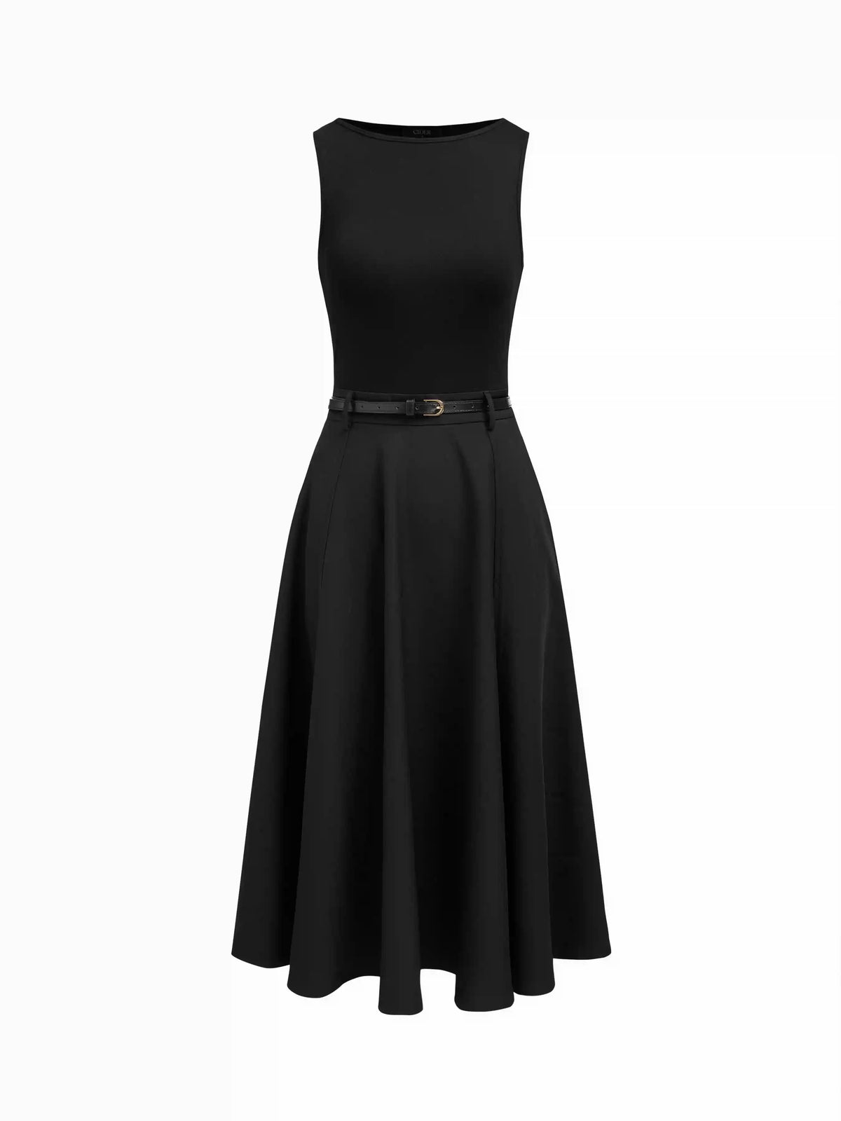Round Neckline Sleeveless Pocket Midi Flared Dress With Belt