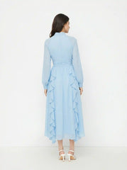 Chiffon Stand Collar Ruffled Lantern Sleeve Flared Maxi Dress