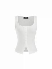 Cotton Scoop Neck Button Front Asymmetrical Hem Crop Top