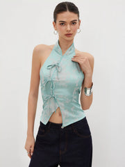 Jacquard Mandarin Collar Floral Bowknot Tank Top