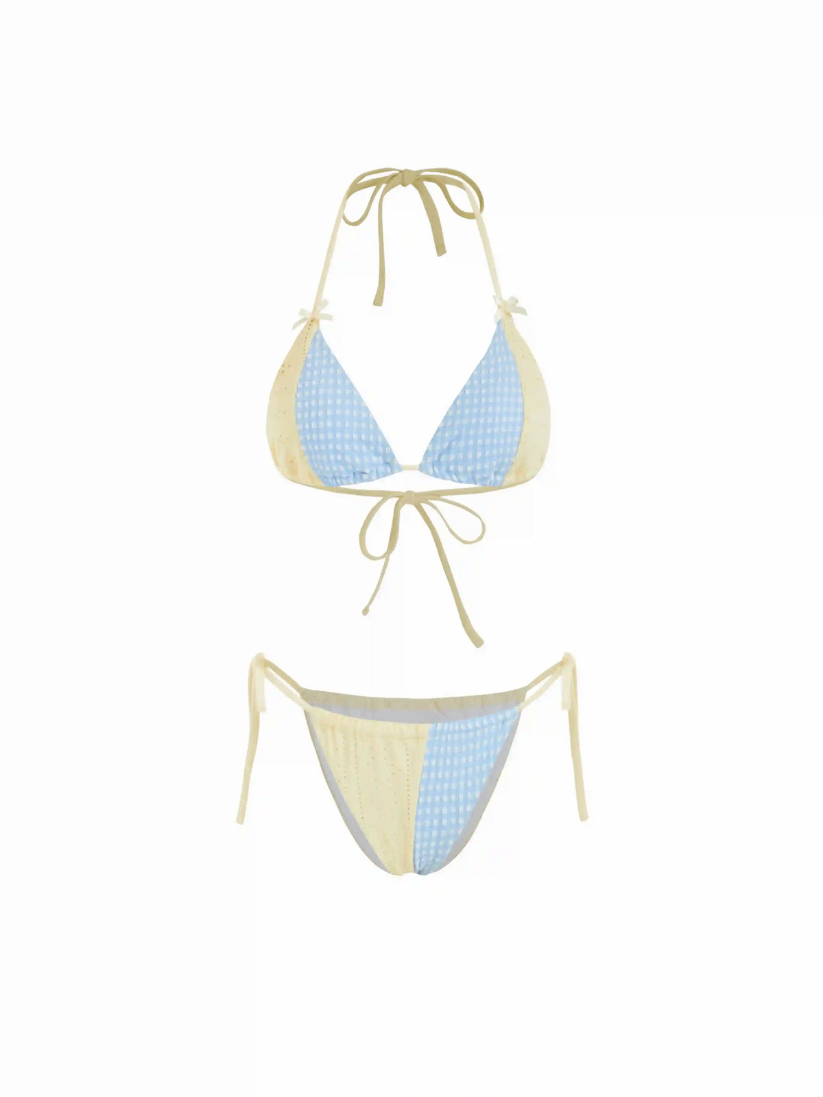 Two Tone Halter Neck Checks Triangle Bikini Set