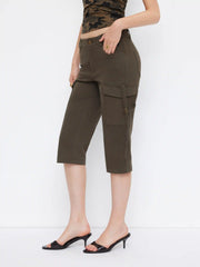 Stretch Cotton-blend Low Rise Cargo Pocket Capri Shorts