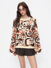 Knit Flower Graphic Round Neckline Abstract Long Sleeve Oversized Top