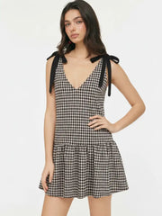 Gingham V-neck Mini Dress With Bowknot Tie Straps