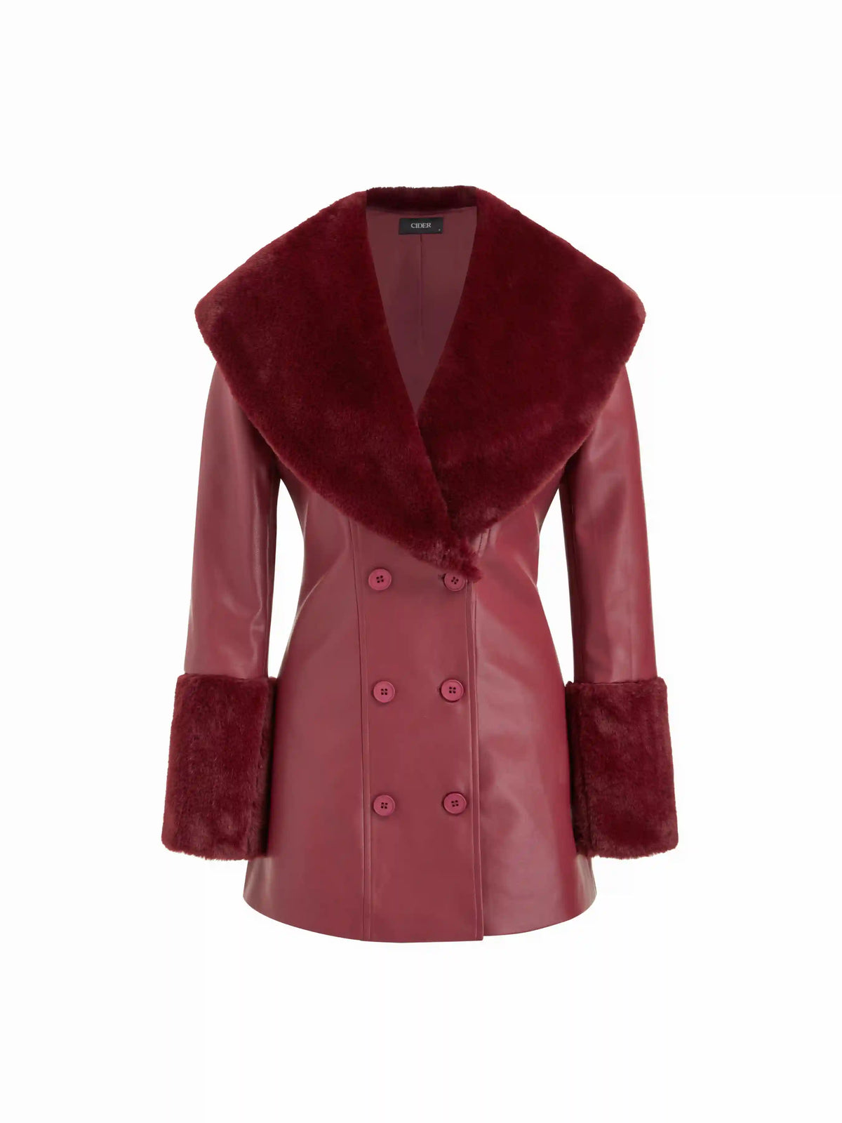 Faux Leather Double Breasted Jacket With Faux Fur Trim