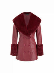 Faux Leather Double Breasted Jacket With Faux Fur Trim