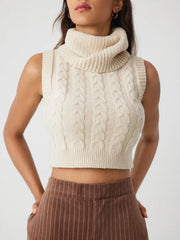 High Neck Solid Cable Knit Crop Vest