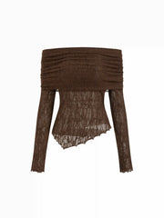 Lace Off-shoulder Long Sleeve Asymmetrical Hem See-through Tee