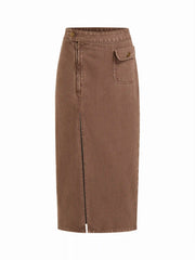 Washed Denim Low Rise Split Pencil Maxi Skirt