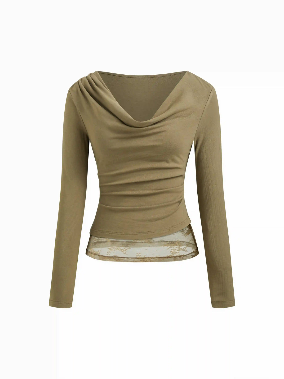 Two Tone Cowl Neck Long Sleeve Contrasting Lace Ruched Top