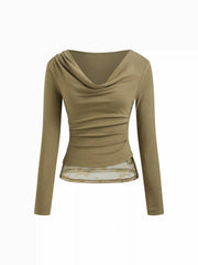Two Tone Cowl Neck Long Sleeve Contrasting Lace Ruched Top