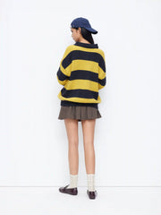 Knit Collar Striped Colorblock Button Long Sleeve Oversized Top