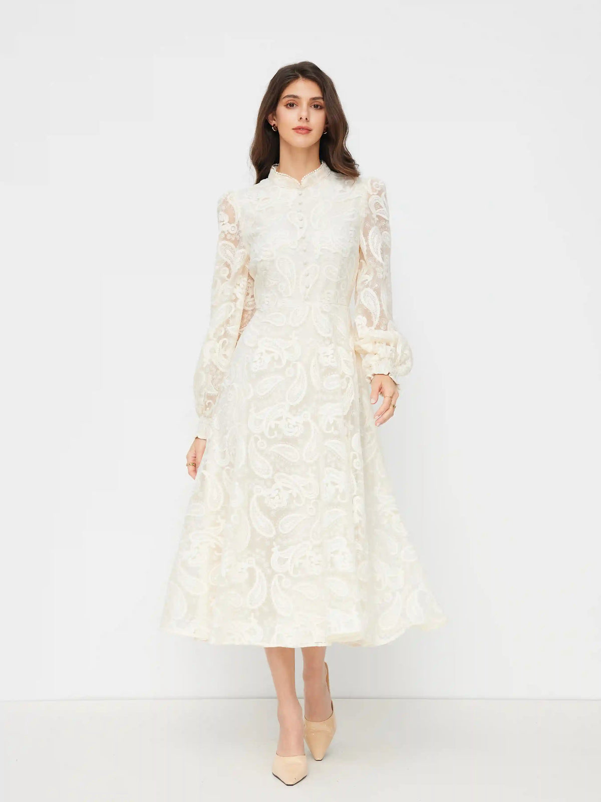 Lace Stand Collar Paisley Lantern Sleeve Maxi Dress