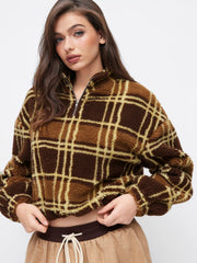 Fleece High Neck Drawstring & Plaid Oversized Sweatshirt