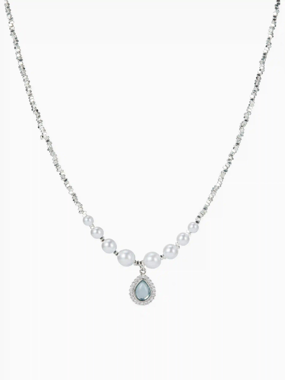 FAUX PEARL RHINESTONE AQUAMARINE PENDANT NECKLACE