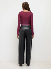 Faux Leather Solid High Waist  Wide Leg Trousers