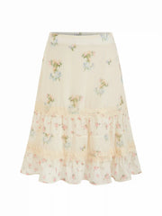 Chiffon Ditsy Floral Low Rise Tiered Lace Trim Midi Skirt
