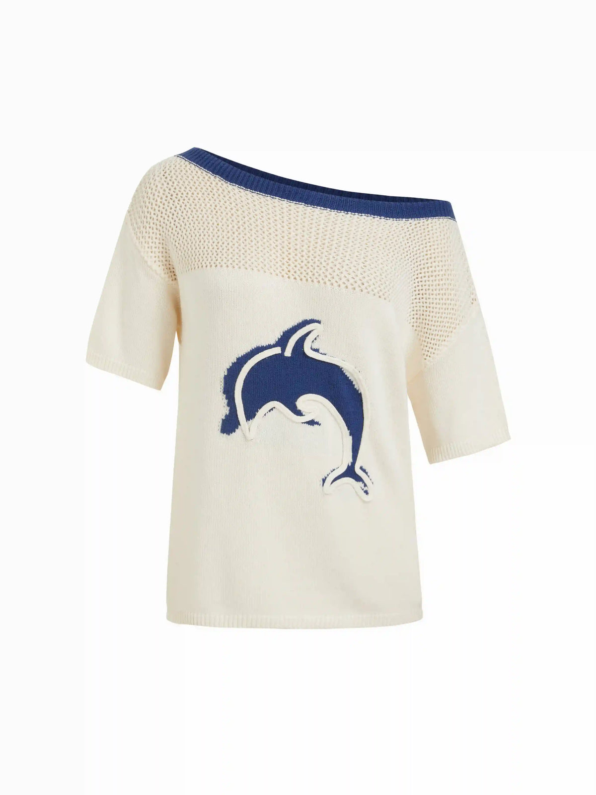 Knit Cotton-blend Crochet Dolphin Graphic Boat Neck Oversized Short Sleeve Top