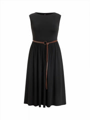 High Stretch Round Neck A-line Maxi Dress With Belt Curve & Plus