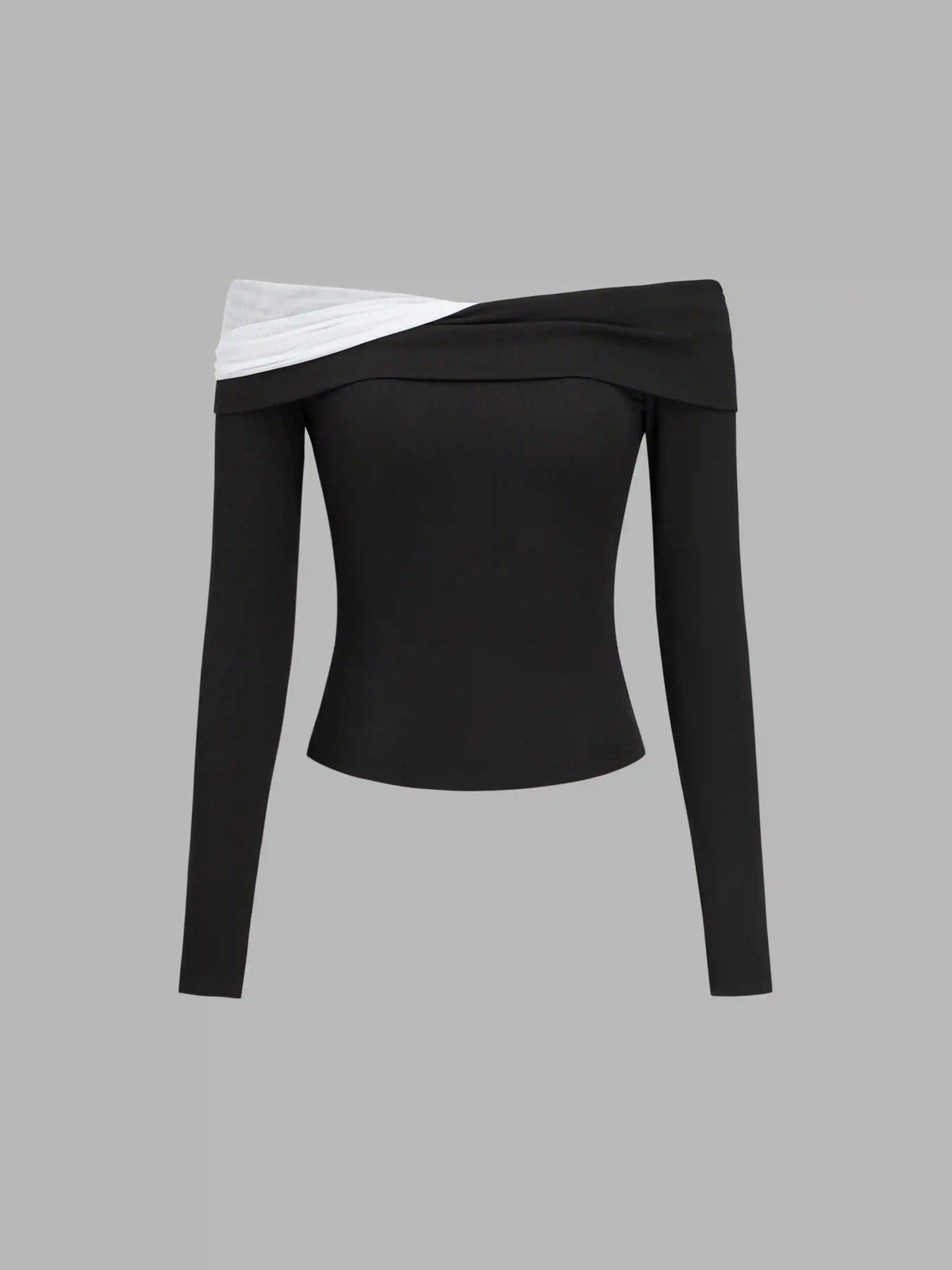 Mesh Patchy Off-shoulder Solid Long Sleeve Top