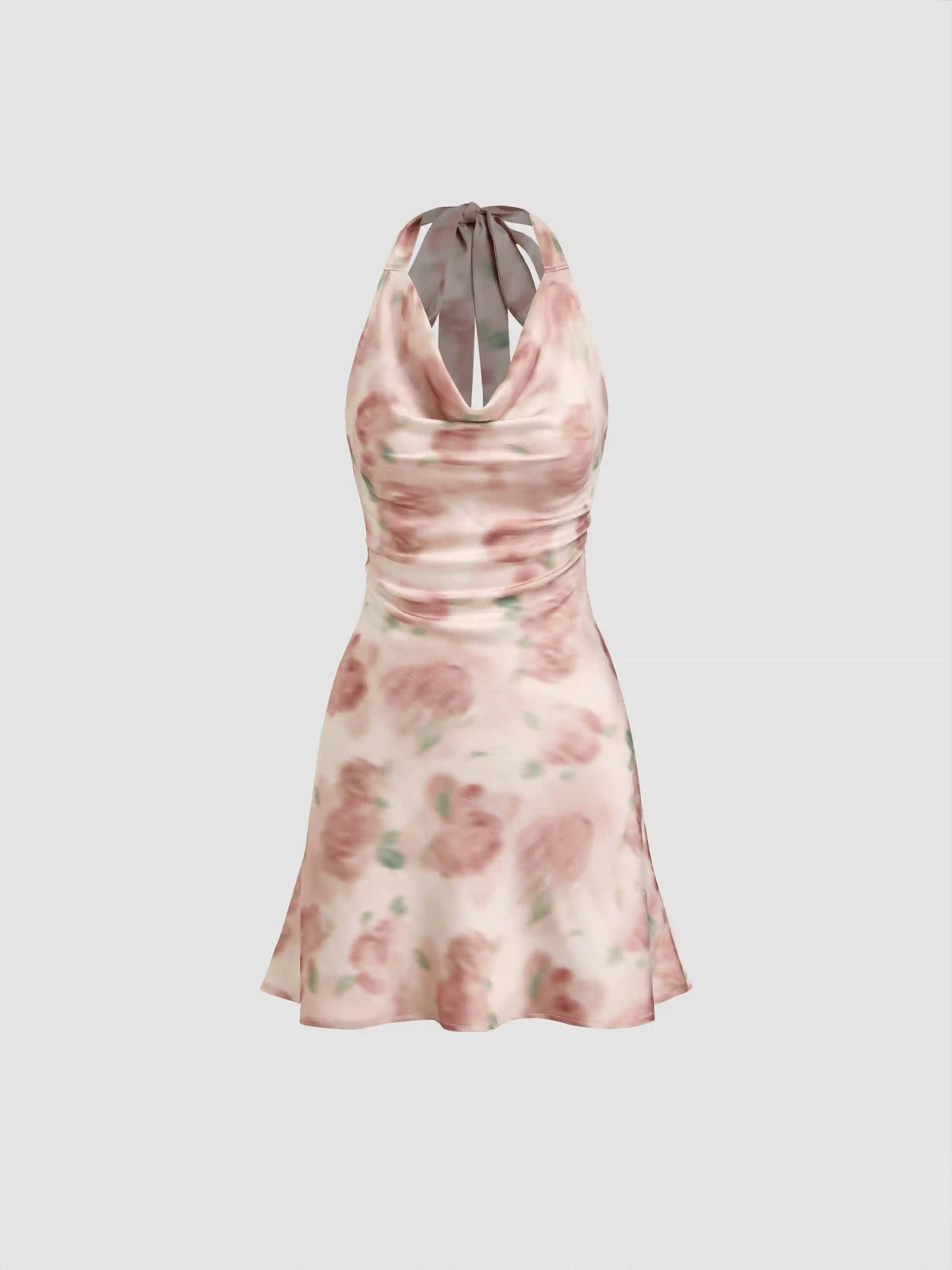 Satin Cowl Neck Floral Mini Dress
