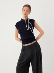 Knit High Neck Knotted Two Tone Top With Scarf