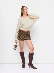 Knit V-neck Long Sleeve Hollow Out Cinched Waist Top