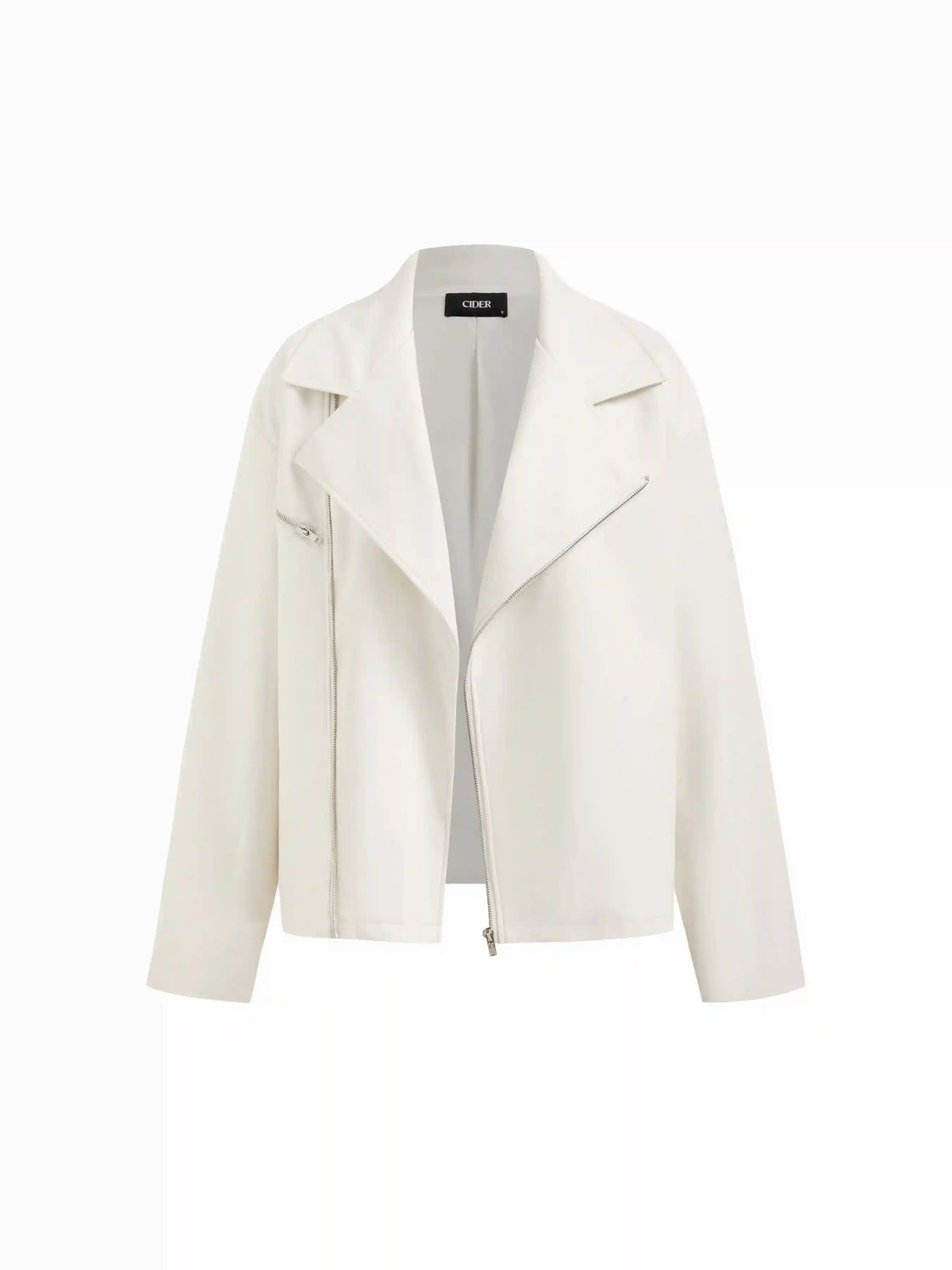 Faux Leather Collar Zip Through Oversized Biker Jacket With Belt