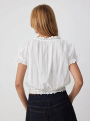 Cotton-blend Square Neck Puff Sleeve Lace Panel Blouse