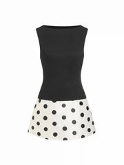 Colorblock Boat Neck Polka Dot A-line Mini Dress