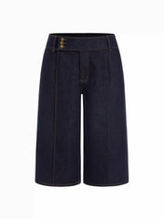 Washed Denim Mid Rise Metal Detail Wide Leg Capri Jeans Curve & Plus