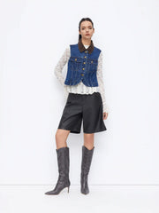 Denim Collar Colorblock Metal Button Top
