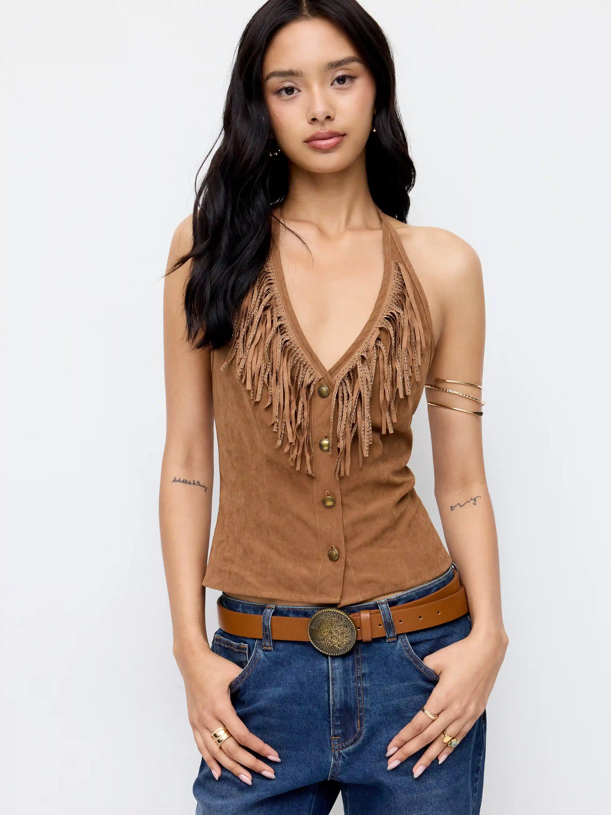 Halter Neck Fringe Button Front Top