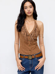 Halter Neck Fringe Button Front Top