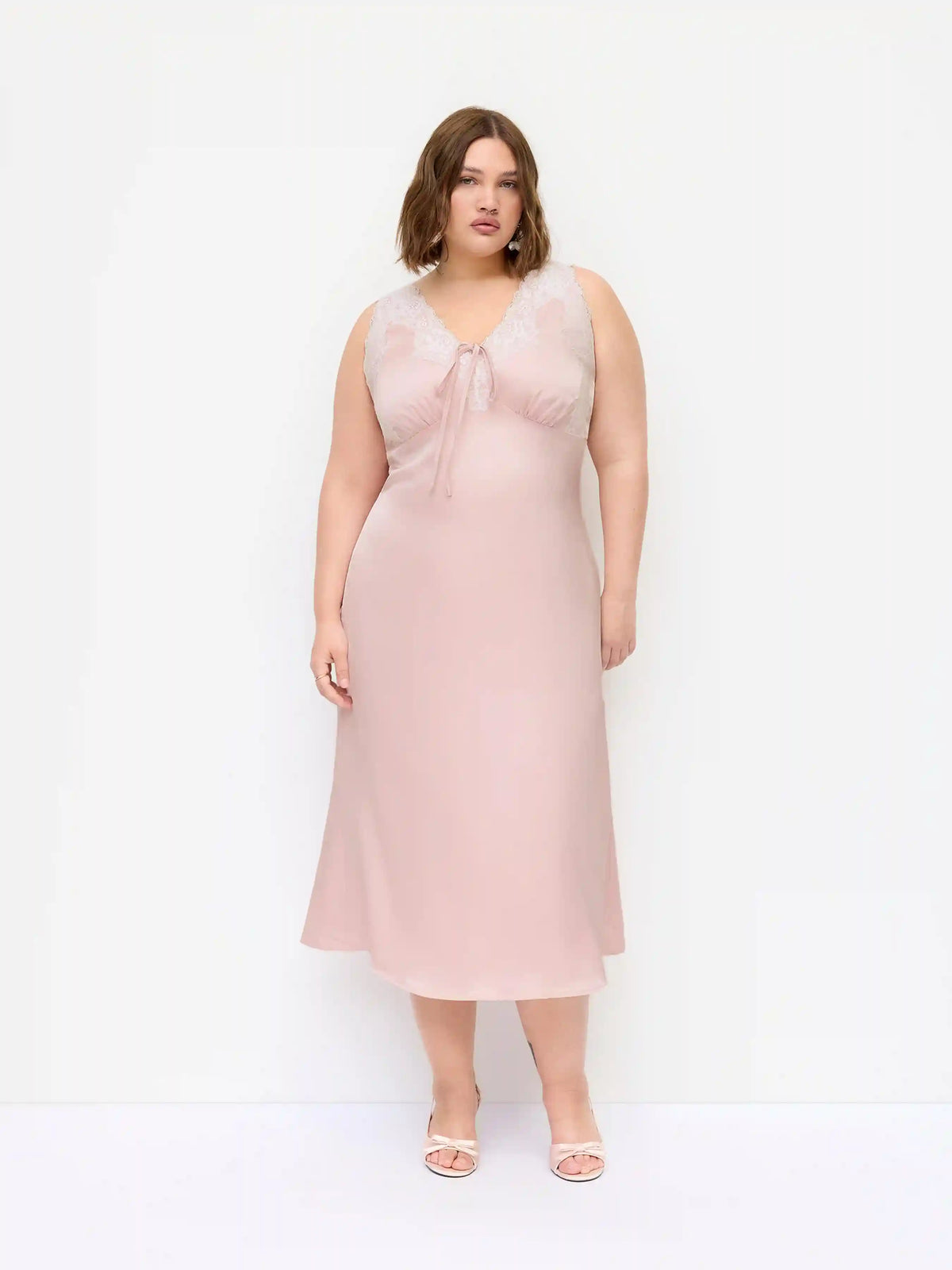 Satin V-Neck Lace Panel Knotted Maxi Slip Dress Curve & Plus