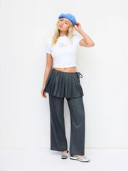 Cotton-blend Two Piece Houndstooth Low Rise Wide Leg Trouser-Skirt