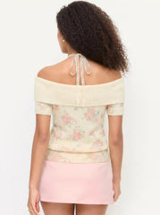 Knit Wool-blend Floral Off-shoulder Lace Detail Puff Sleeve Top