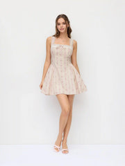 Cotton Floral Stripe Square Neck Lace Trim Bowknot Flared Mini Dress